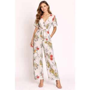 Banjul Floral Wide Leg Jumpsuit Cream V Neck Tie Waist Boho L